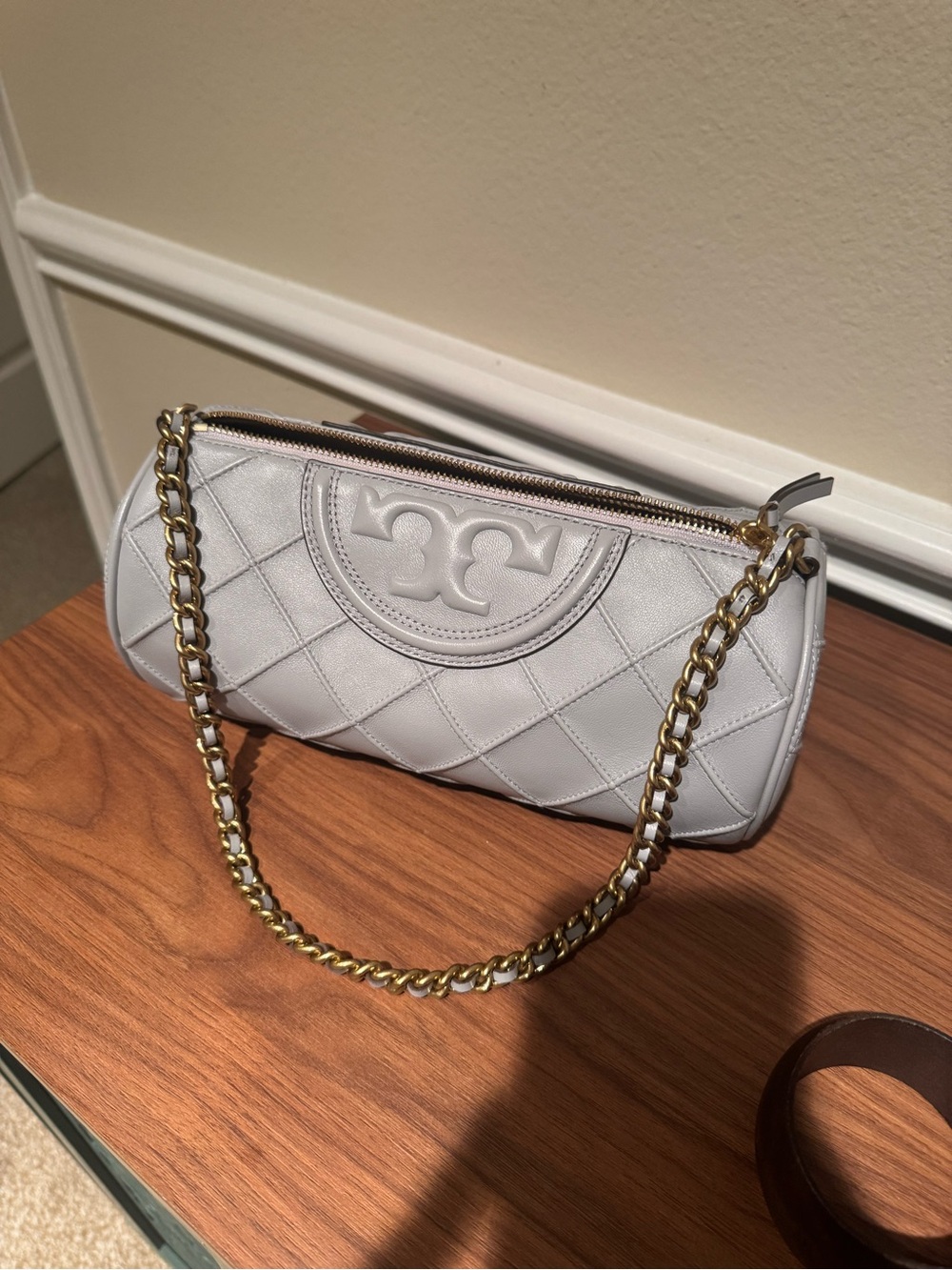 Tory Burch Quilted Leather Barrel Shoulder Bag in Light Gray